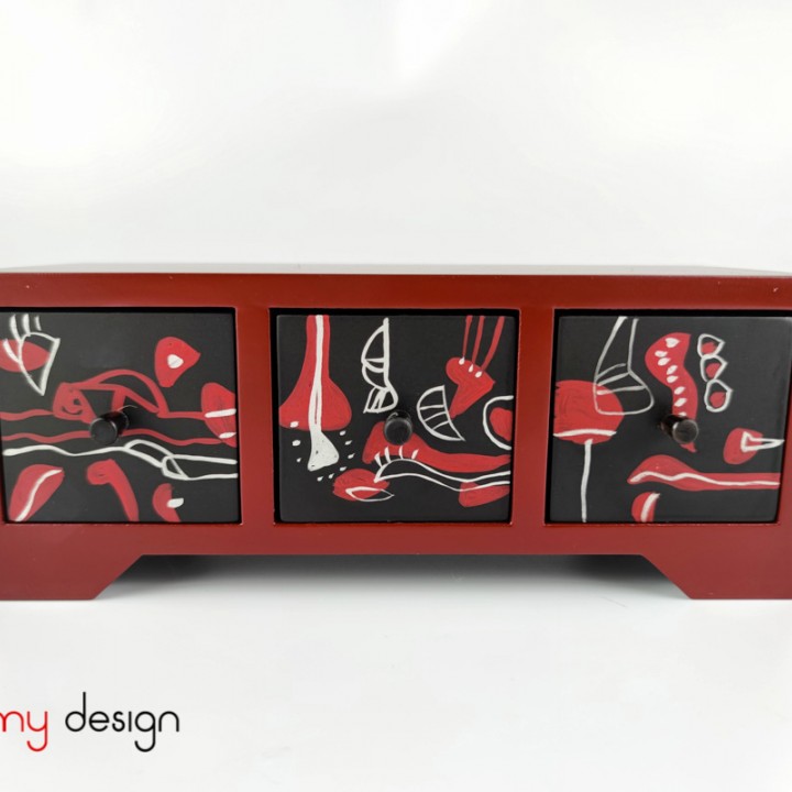 Rectangle lacquer box with 3 drawers hand-painted with abstract paintings 25*10*H10 cm